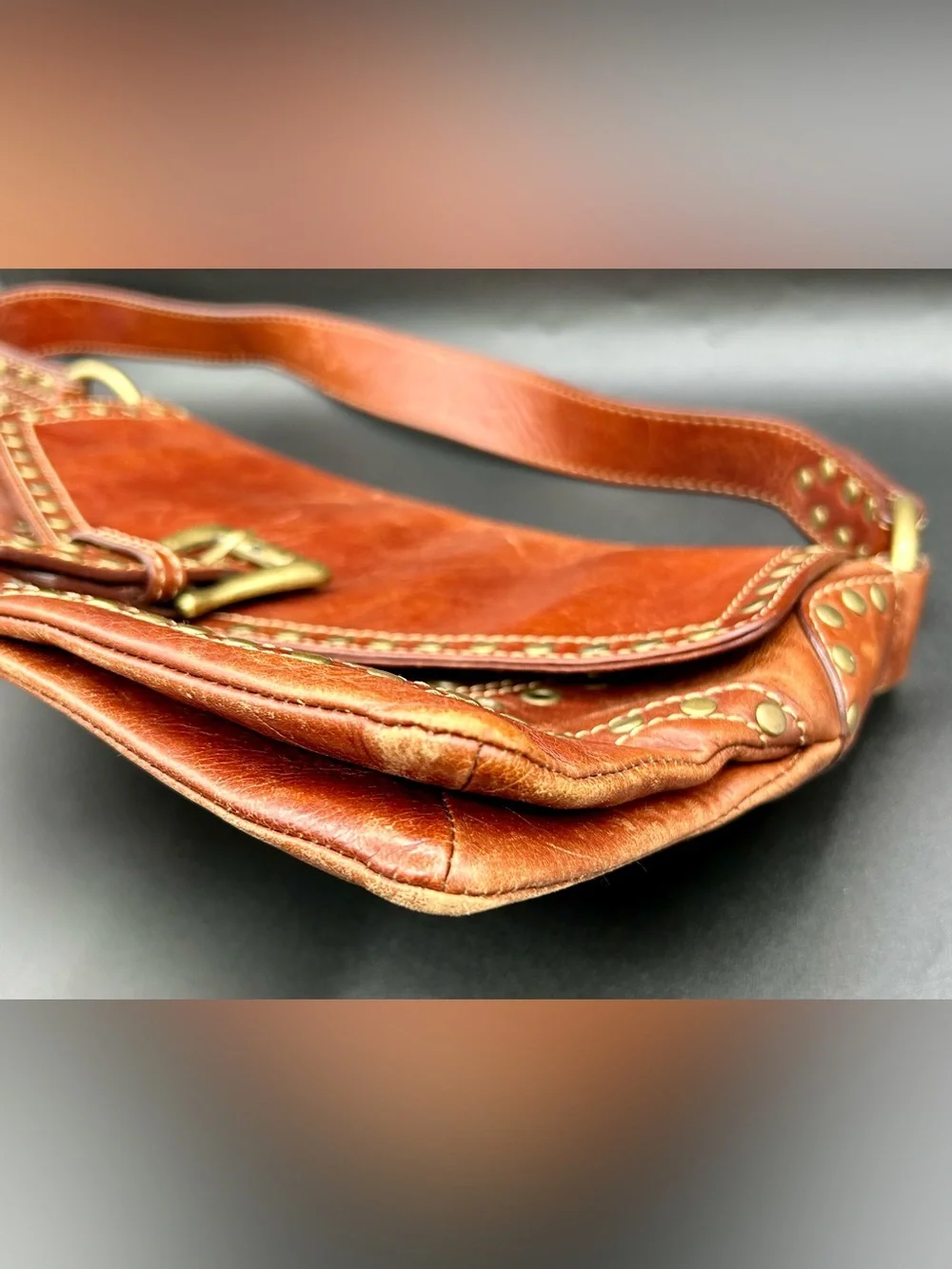 VINTAGE VIA SPIGA Shoulder Bag Tan-Cognac Leather.